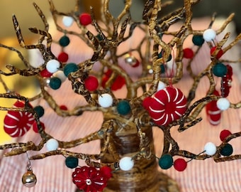 Vintage and Peppermint African Baobab Tree, felt ball decor, holiday tree, Christmas tree, Christmas decoration, Kwanzaa