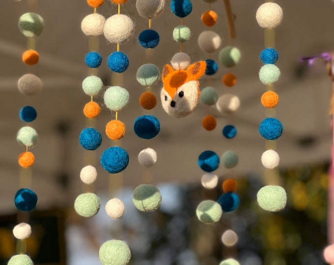 Featured listing image: One Fine Day Fox Mobile, felt ball mobile, nursery mobile, ecofriendly mobile, bamboo mobile, fox decor, orange and blue decor, fox mobile