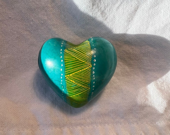 Aqua Stone Heart, Kenyan Hand Carved Soapstone, Fair Trade African Art