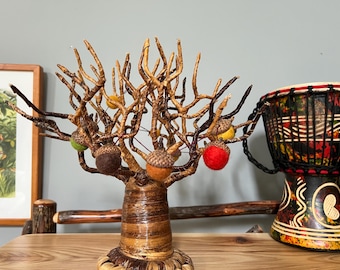 Acorn Garland Banana Fiber Baobab Tree, Thanksgiving Decor tree, Fiber arts tree, fall decor, felt ball decor, African craft tree