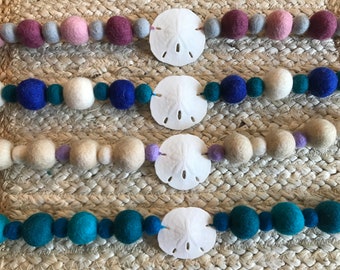 Sand Dollar Beach Mix Feltball Garland, home decor, bridal shower, baby shower, ocean garland, sea garland, yoga space