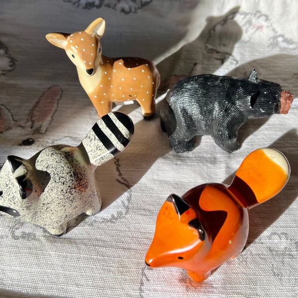 Woodland Animals, Forest Animal Party, black bear, deer, raccoon, fox, Kenyan hand carved soapstone, woodland party