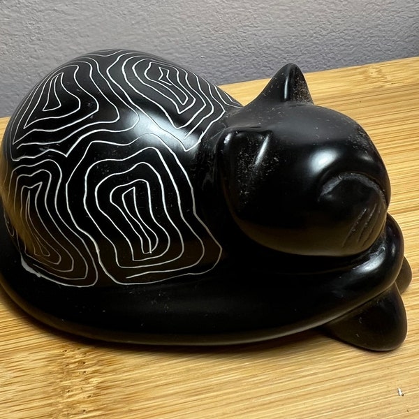 Schwarze Katze-Speckstein-Skulptur, kenianische geschnitzte Speckstein-Katze