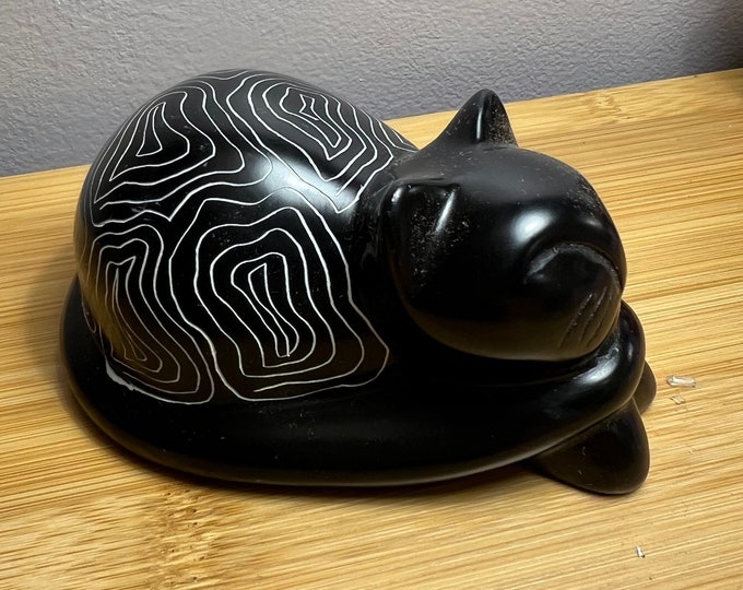Featured listing image: Black Cat soapstone sculpture, Kenyan carved soapstone cat