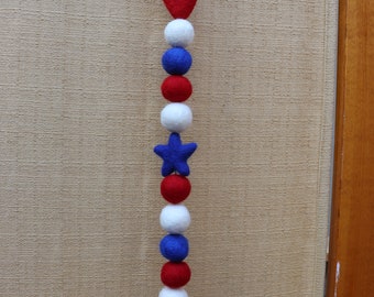 Love Stars Forever, 4th of July felt ball garland decoration, ecofriendly red white and blue decor