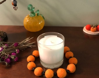 Volcano Glass and felt ball candle ring, Halloween, wool felt balls, fall decoration