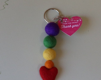 Rainbow Heart Key Chain, Valentine's Day, felt balls key chain, ecofriendly keychain