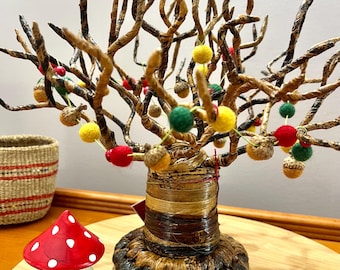 Mini Acorns Garland Baobab Tree, Thanksgiving Decor tree, Banana Fiber arts tree, fall decor, felt ball decor, African craft tree