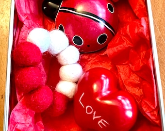 Ladybug and Soapstone Love Heart Set,  shower favors, stone hearts, Handcarved Kenyan Hearts, baby shower