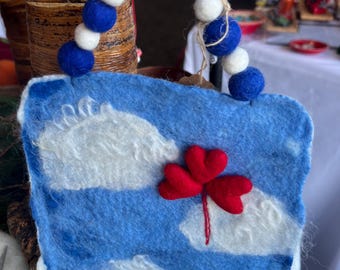 Red heart Balloons and Clouds Wool Felt Painting, Wall art, wool art, cloud art, fiber art hanging