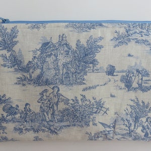 Make-Up Bag, Blue Toile de Jouy