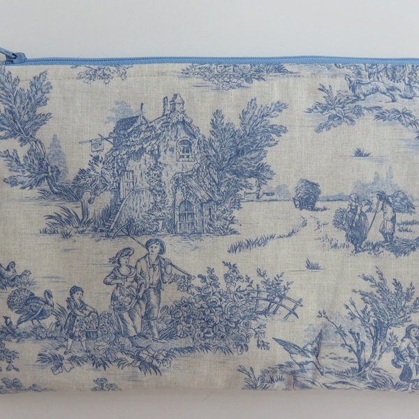 Trousse à Maquillage, Toile de Jouy Bleue