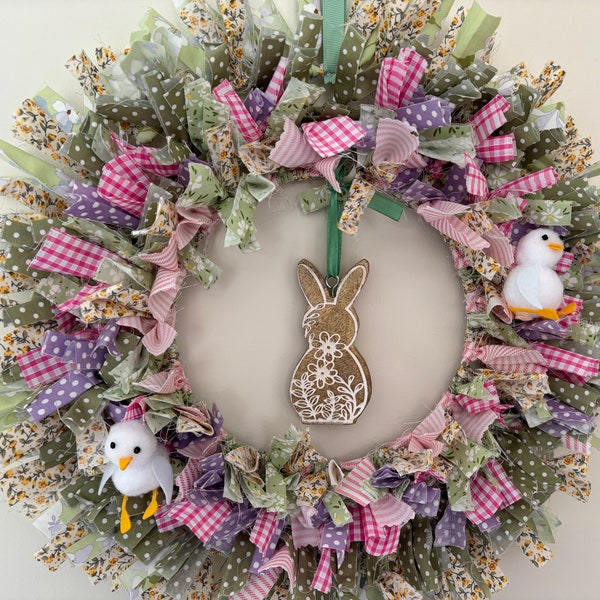 Easter Wreath, Spring Door Wreath, Easter Rag Wreath