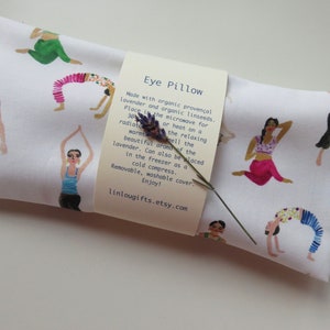 Almohada de yoga para los ojos: lavanda, linaza y algodón. Impresión de posturas de yoga.