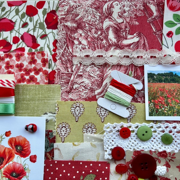 Poppy Fields Slow Stitch Kit: Fabric Remnants, Lace & Buttons