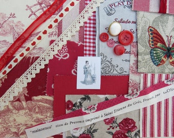 Slow Stitch Pack, Fabric Remnants, Textile Collage, Shades of Red
