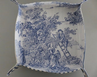 Cesta para pan y pastelería, bandeja de tela, Toile de Jouy azul