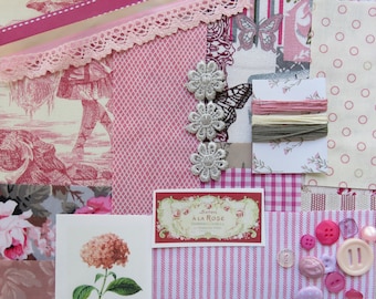 Slow Stitch Kit , Shades of Pink, Curated Fabric Bundle for Textile Collage, Junk Journaling & Hand Sewing