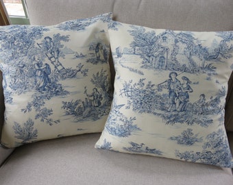 Toile de Jouy Cushion Cover in Blue or Red