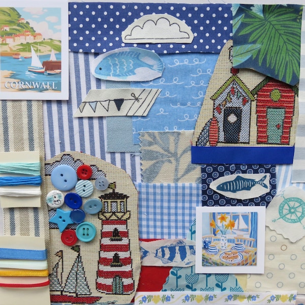 Slow Stitch Pack, Cornwall Living, Fabric Remnants, Textile Collage, Beach and Ocean Sewing Kit