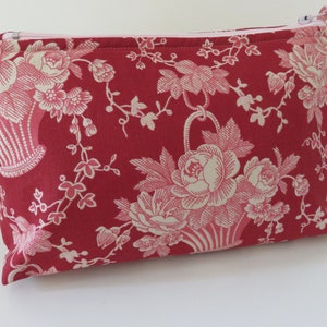 Red Toile de Jouy Cosmetic Bag: Floral Cotton Makeup Bag