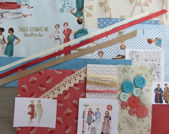 Slow Stitch Pack Vintage Sewing, Retro Haberdashery Fabric Bundle for Textile Collage, Junk Journaling