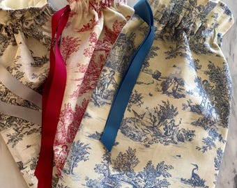 Handmade Country Toile Drawstring Bag, Bread Bag