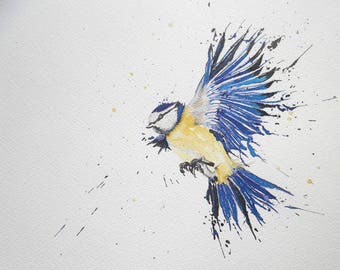 Bird Card - Bluetit in Flight - Printed from an original Watercolour Painting.