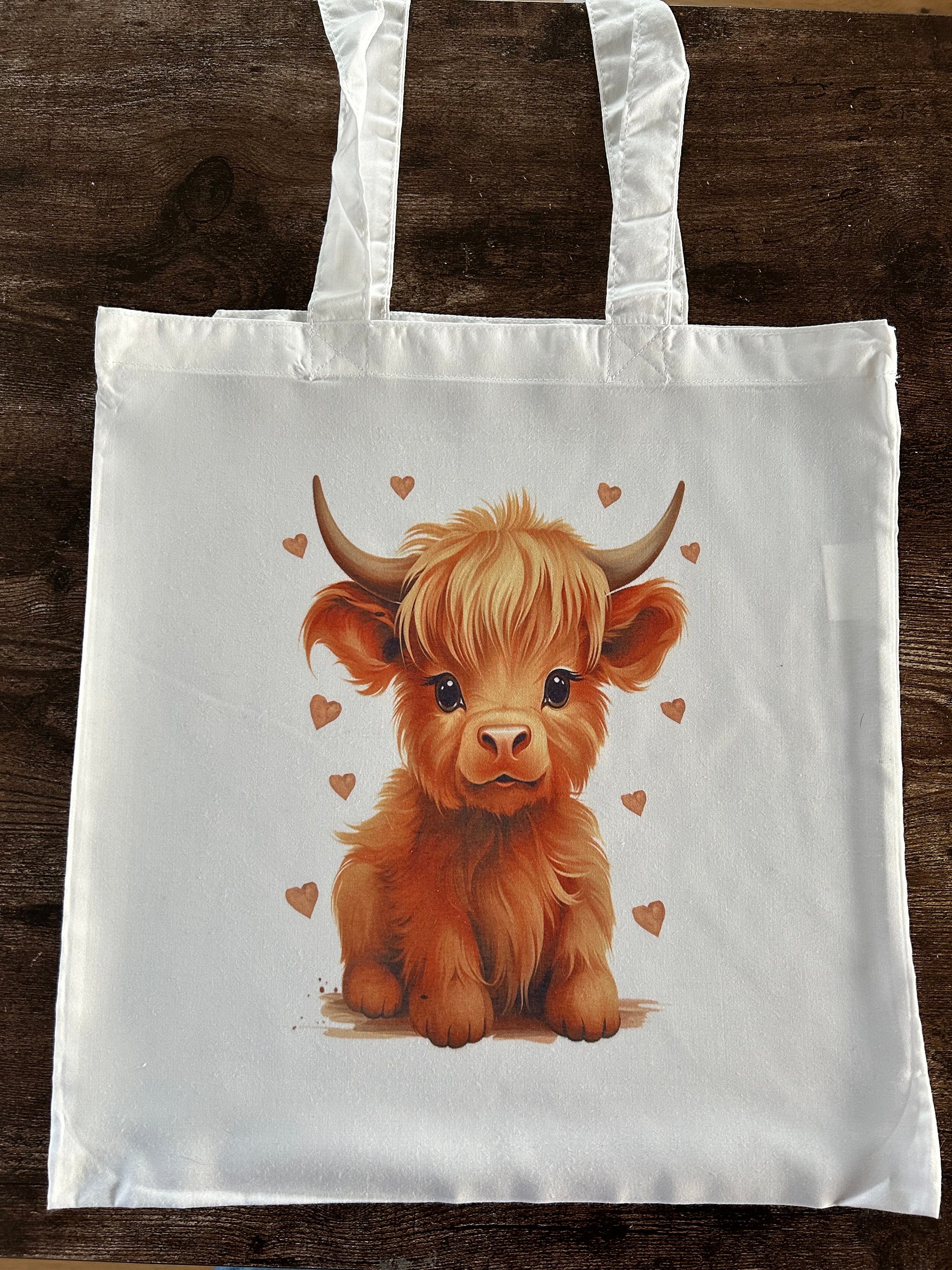 Borsa tote in tela con mucca delle Highland con portachiavi in