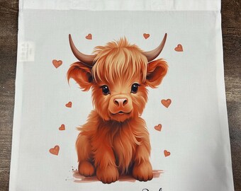 Borsa Tote grande personalizzata con nome e manico lungo, regalo di laurea e di compleanno per gli amanti delle mucche Highland - CALLIE