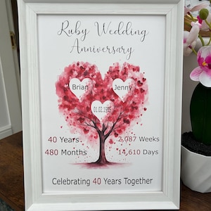 May include: A white framed print featuring a watercolour illustration of a heart-shaped tree with red hearts. The text "Ruby Wedding Anniversary" is at the top of the print. The names "Brian" and "Jenny" are written on the tree, along with the date "01.02.1985". The text "40 Years, 480 Months, 2,087 Weeks, 14,610 Days" is below the tree. The text "Celebrating 40 Years Together" is at the bottom of the print.