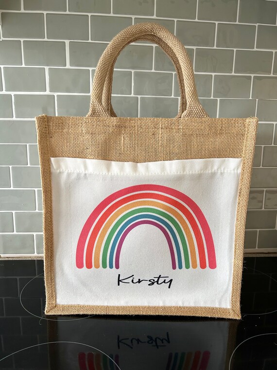 Personalised Jute Lunch Bag Personalised Work Bag Teacher Bag Rainbow Name Bag Shopper Bag Woman Bag Rainbow Bag Personalised Bag Etsy Australia