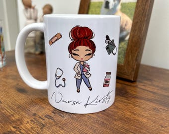 May include: White ceramic mug with a cartoon illustration of a nurse with red hair, wearing a white coat and holding a medical chart. The mug has the text "Nurse Kirsty" printed on the bottom.