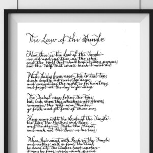 The Law of the Jungle, wall art, wall decor, handwritten poem, poem print, wall print, Rudyard Kipling, calligraphy poem