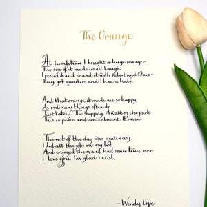 Handwritten Wendy Cope Poem, &#39;Orange&#39; - Literary Art, Handwritten Poetry, Gift for poetry lovers, Poetry print, Orange print