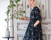 Linen dress Cherry blossoms Loose dress with pockets Handmade floral print Softened not perfect linen