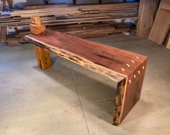 Walnut Waterfall Bench: Handmade Solid Slab Bench with Reclaimed Barn Beam Leg