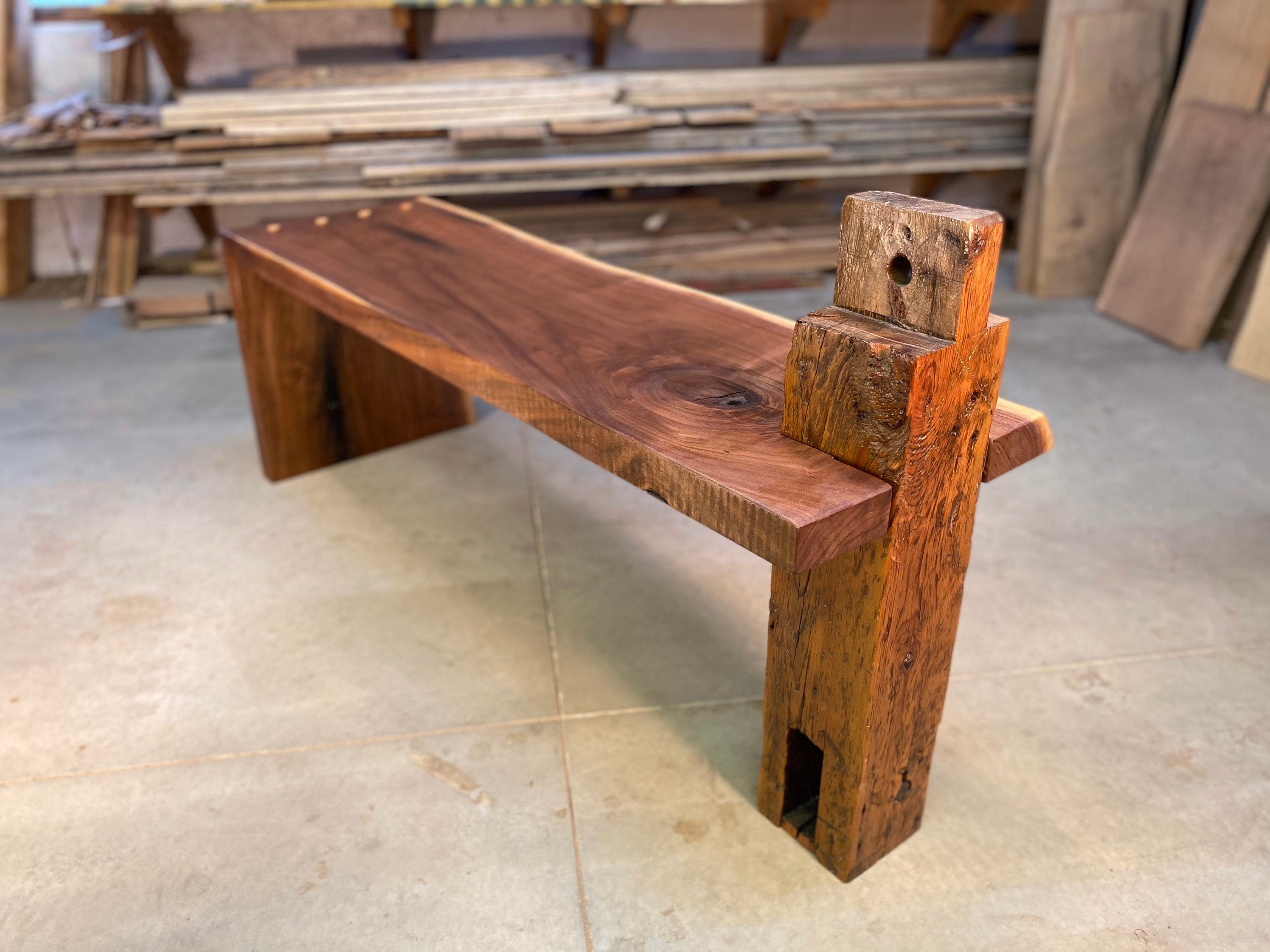 Walnut Waterfall Bench Hand Hewn Barn Beam Rustic Bench Walnut