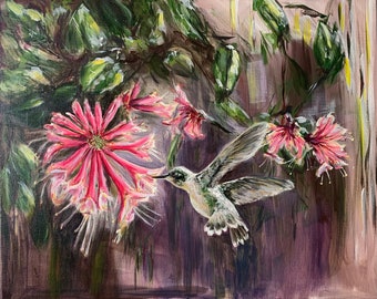 Original hummingbird and honeysuckle 16x20 painting