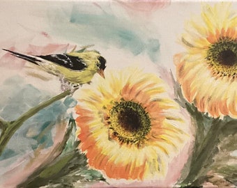 Original Goldfinch with sunflowers 12x24 painting