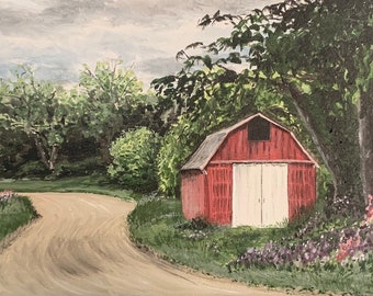 Original painting 12x24 Red barn on gravel with blooming phlox