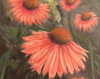 Coral Coneflower and goldfinch 24x18 canvas painting