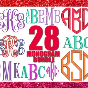 28 Monogram Embroidery Fonts: Machine Embroidery font Pes files, Satin Stitch Letters (Digital Download)