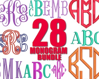 28 Monogram Embroidery Fonts: Machine Embroidery font Pes files, Satin Stitch Letters (Digital Download)