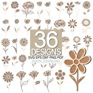 File SVG di fiori selvatici tagliati al laser, file di fiori tagliati al laser in formato svg, rosa in formato svg, margherita in formato svg, fiori tagliati al laser in formato svg, bundle di file di fiori tagliati al laser in formato svg