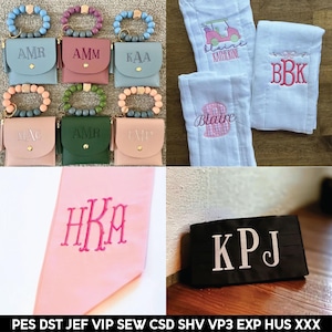 May include: A collection of personalized items, including a set of six keychains with different initials, a pink ribbon with the initials "HKA" embroidered in pink, a black and white clutch with the initials "KPJ" embroidered in white, and two white burp cloths with embroidered initials and a golf cart design.