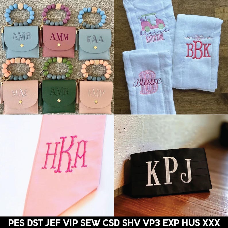 May include: A collection of personalized items, including a set of six keychains with different initials, a pink ribbon with the initials "HKA" embroidered in pink, a black and white clutch with the initials "KPJ" embroidered in white, and two white burp cloths with embroidered initials and a golf cart design.