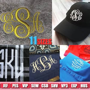 May include: Collection of embroidered items featuring monograms. Includes a black baseball cap, blue polo shirt, and a gray towel. The text "11 SIZES" is displayed. Various embroidery file formats are listed at the bottom.