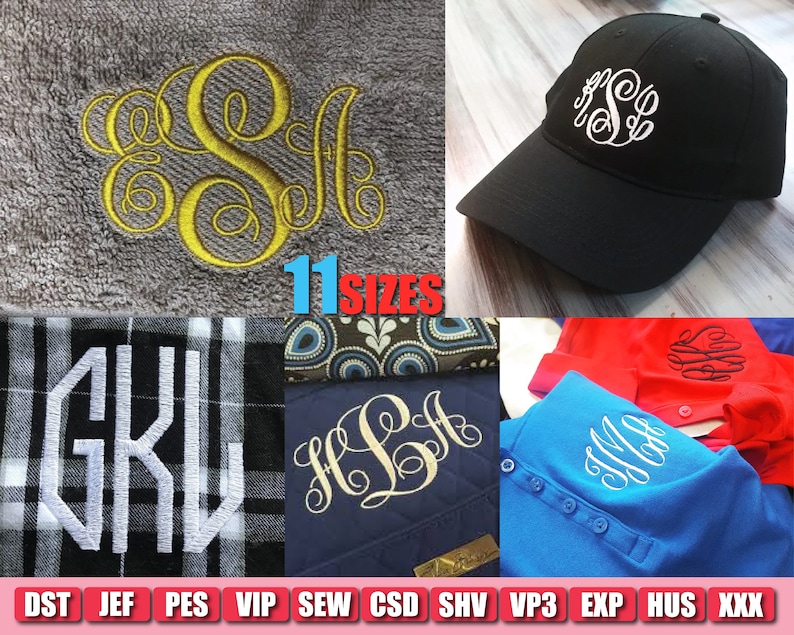 May include: Collection of embroidered items featuring monograms. Includes a black baseball cap, blue polo shirt, and a gray towel. The text "11 SIZES" is displayed. Various embroidery file formats are listed at the bottom.