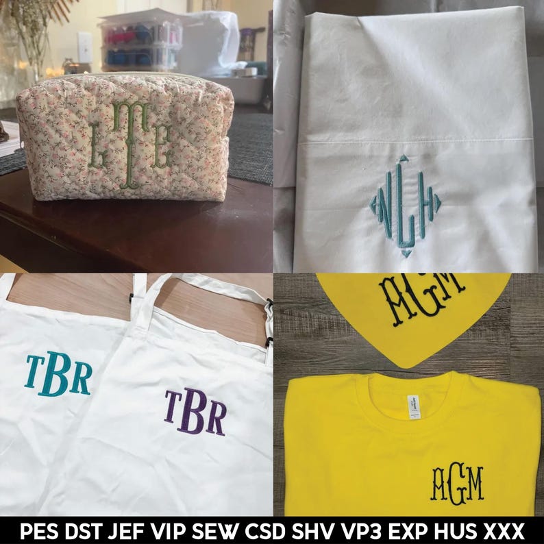 May include: A collection of personalized items featuring embroidered initials. The items include a white tote bag with the initials "TBR" in teal and purple, a white pillowcase with the initials "LJH" in teal, a yellow t-shirt with the initials "AGM" in black, a yellow bandana with the initials "AGM" in black, and a floral cosmetic bag with the initials "LEE" in green.